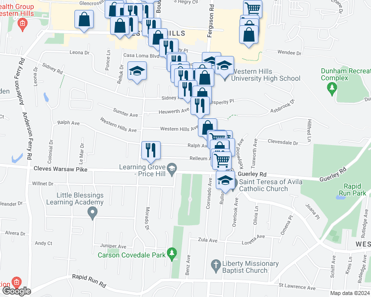 map of restaurants, bars, coffee shops, grocery stores, and more near 4937 Ralph Avenue in Cincinnati