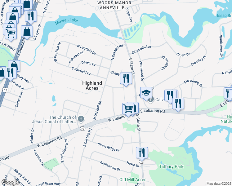 map of restaurants, bars, coffee shops, grocery stores, and more near 1969 Highland Avenue in Dover