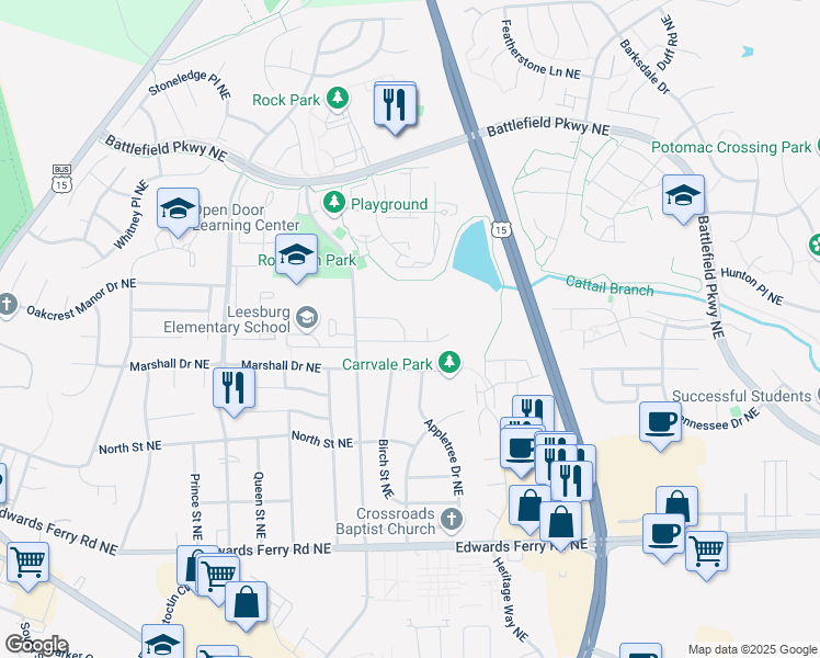 map of restaurants, bars, coffee shops, grocery stores, and more near 820 Rust Drive Northeast in Leesburg