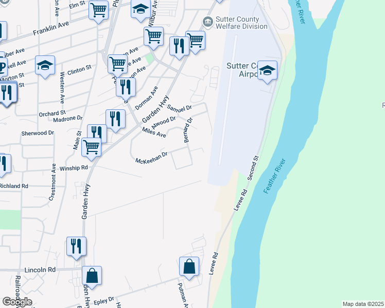 map of restaurants, bars, coffee shops, grocery stores, and more near 470 Bernard Drive in Yuba City