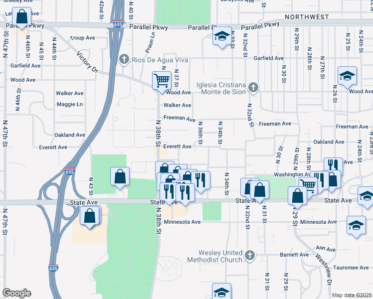 map of restaurants, bars, coffee shops, grocery stores, and more near 3641 Everett Avenue in Kansas City