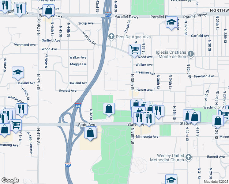 map of restaurants, bars, coffee shops, grocery stores, and more near 4009 Everett Avenue in Kansas City