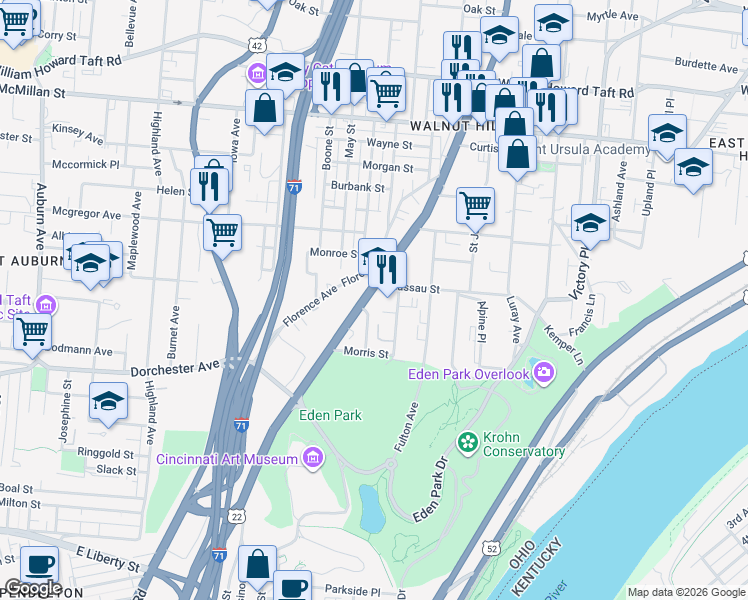 map of restaurants, bars, coffee shops, grocery stores, and more near 2149 Sinton Avenue in Cincinnati