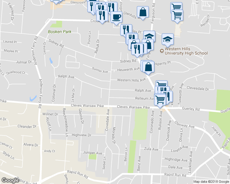 map of restaurants, bars, coffee shops, grocery stores, and more near 5047 Ralph Avenue in Cincinnati