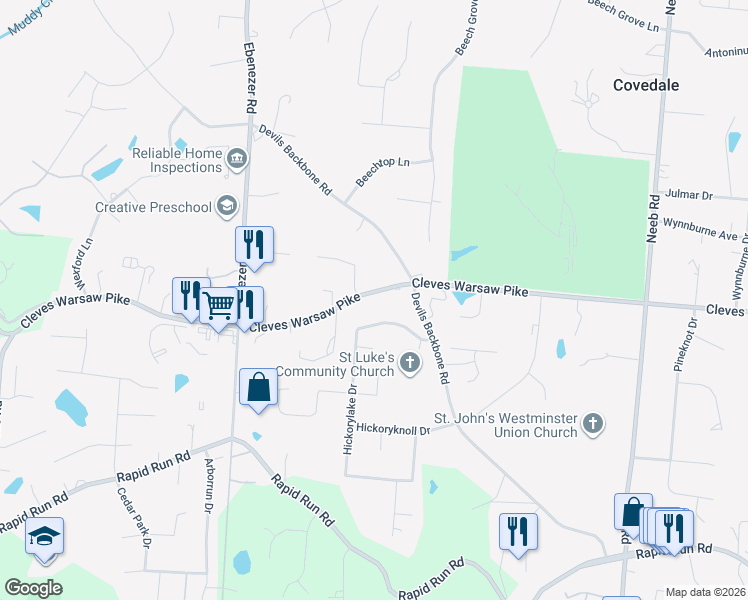 map of restaurants, bars, coffee shops, grocery stores, and more near 5959 Cleves Warsaw Pike in Cincinnati