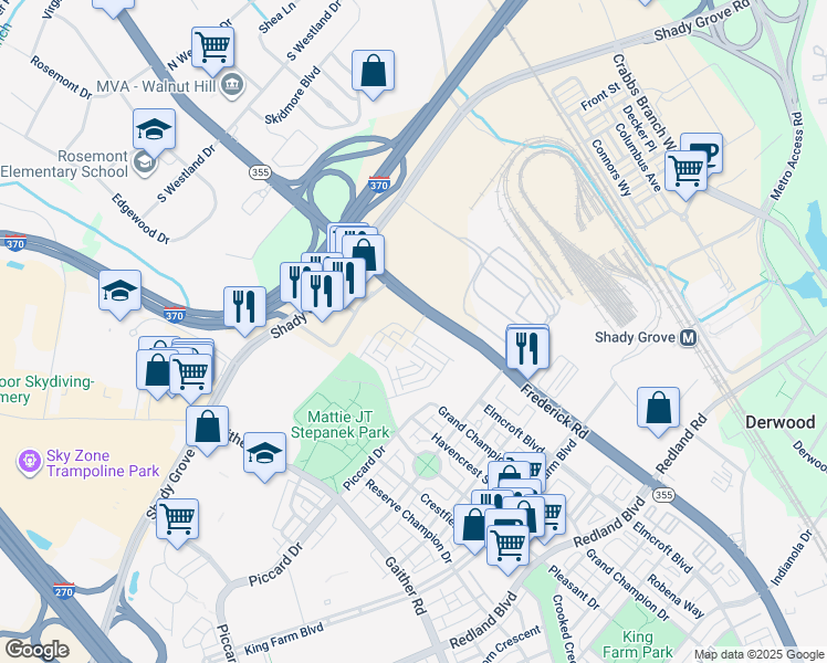 map of restaurants, bars, coffee shops, grocery stores, and more near 16160 Frederick Road in Gaithersburg