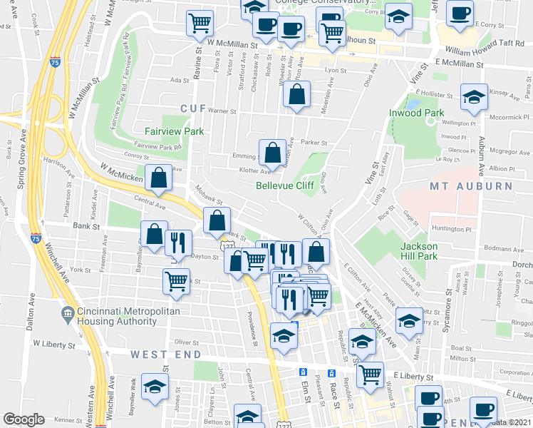 map of restaurants, bars, coffee shops, grocery stores, and more near 221 Renner Street in Cincinnati