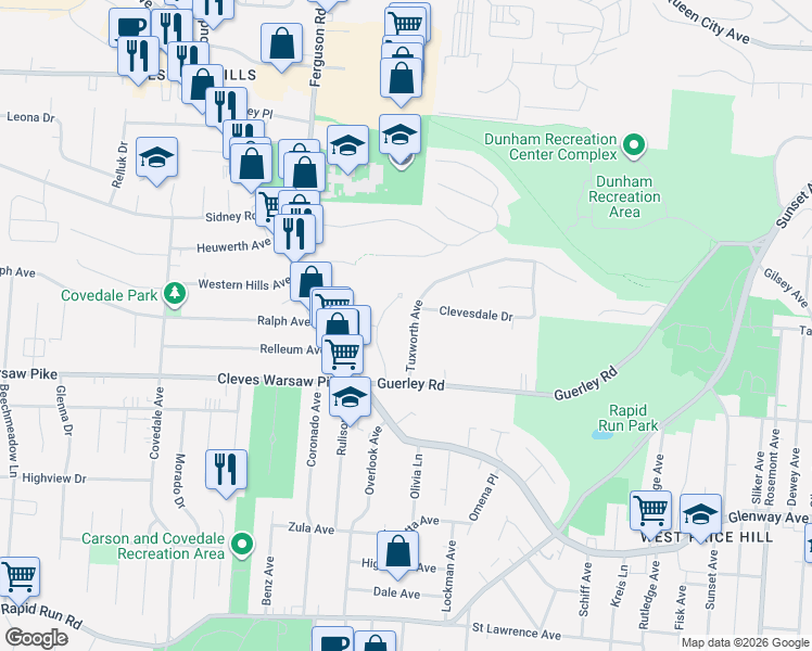 map of restaurants, bars, coffee shops, grocery stores, and more near 1639 Tuxworth Avenue in Cincinnati