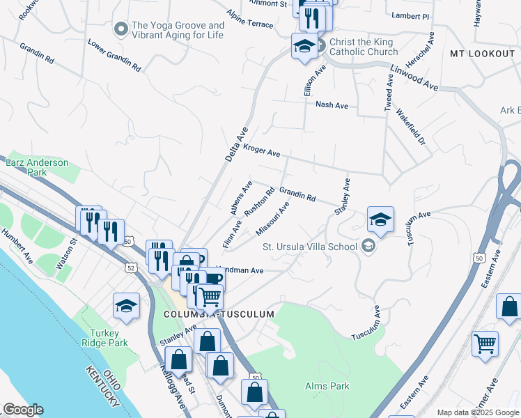 map of restaurants, bars, coffee shops, grocery stores, and more near 634 Rushton Road in Cincinnati