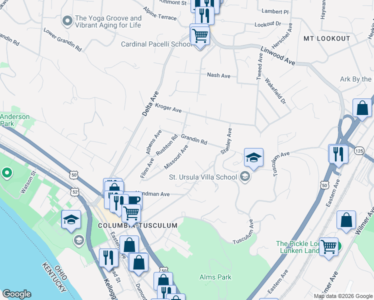 map of restaurants, bars, coffee shops, grocery stores, and more near 552 Missouri Avenue in Cincinnati