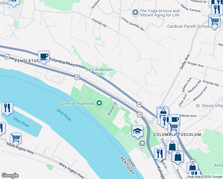 map of restaurants, bars, coffee shops, grocery stores, and more near 3114 Walworth Avenue in Cincinnati