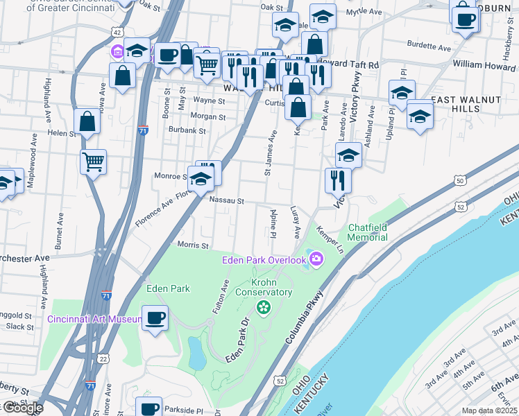 map of restaurants, bars, coffee shops, grocery stores, and more near in Cincinnati