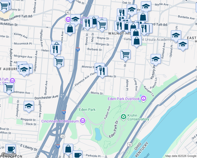 map of restaurants, bars, coffee shops, grocery stores, and more near 2149 Sinton Avenue in Cincinnati