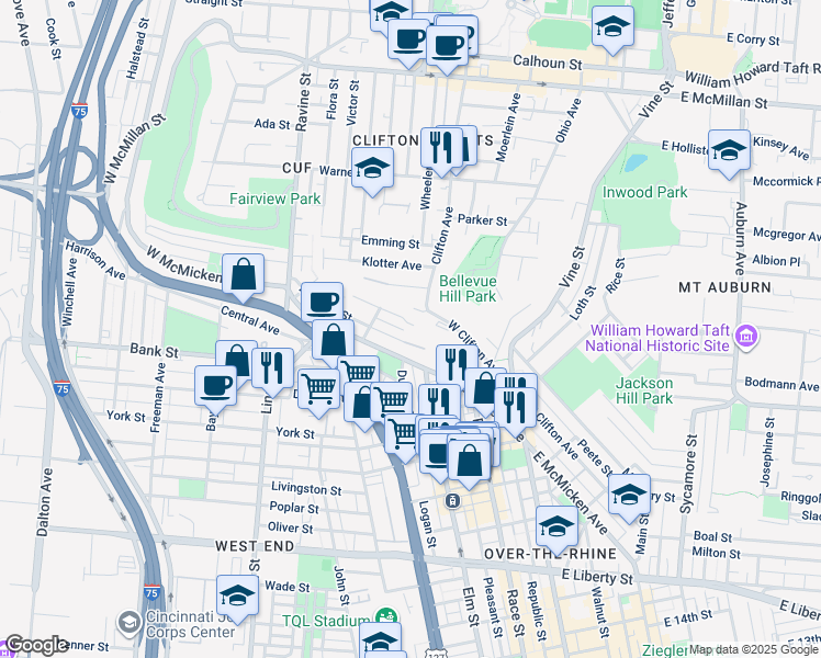 map of restaurants, bars, coffee shops, grocery stores, and more near 228 Mohawk Street in Cincinnati