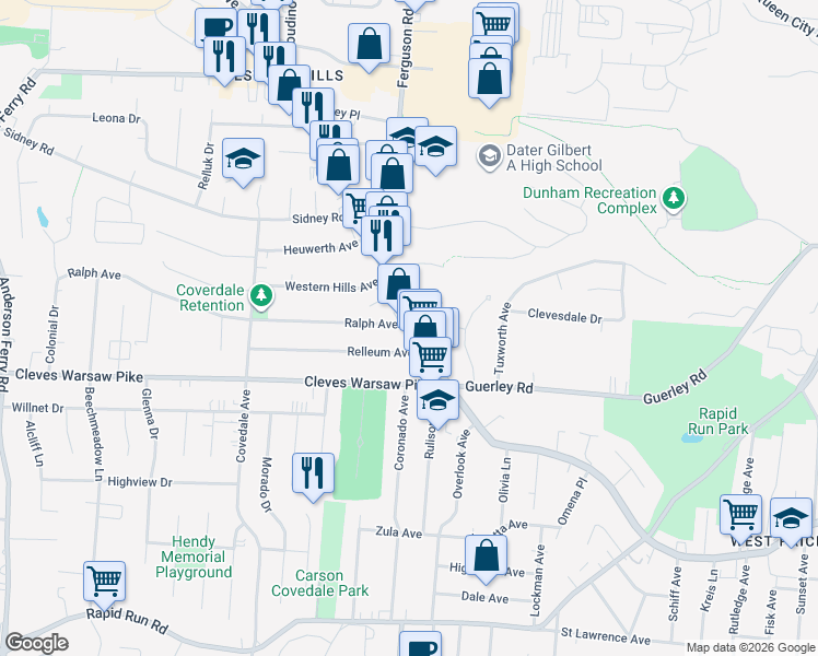 map of restaurants, bars, coffee shops, grocery stores, and more near 4944 Glenway Avenue in Cincinnati