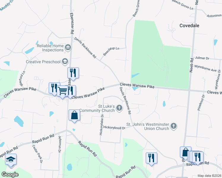 map of restaurants, bars, coffee shops, grocery stores, and more near 5959 Cleves Warsaw Pike in Cincinnati