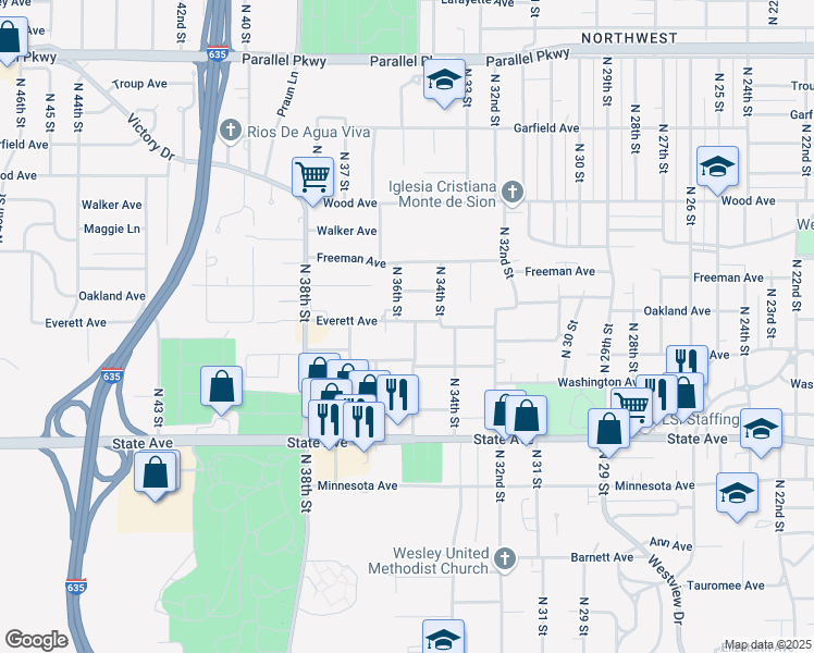 map of restaurants, bars, coffee shops, grocery stores, and more near 3611 Everett Avenue in Kansas City