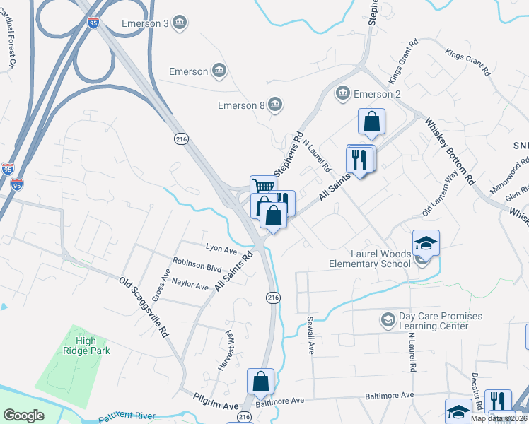 map of restaurants, bars, coffee shops, grocery stores, and more near 9270 All Saints Rd in North Laurel
