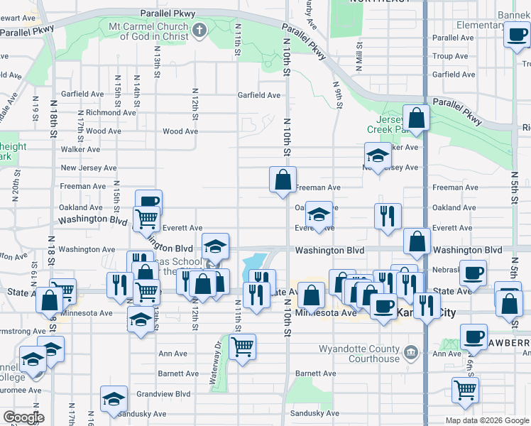 map of restaurants, bars, coffee shops, grocery stores, and more near 1025 Oakland Avenue in Kansas City