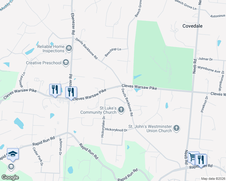 map of restaurants, bars, coffee shops, grocery stores, and more near 5959 Cleves Warsaw Pike in Cincinnati