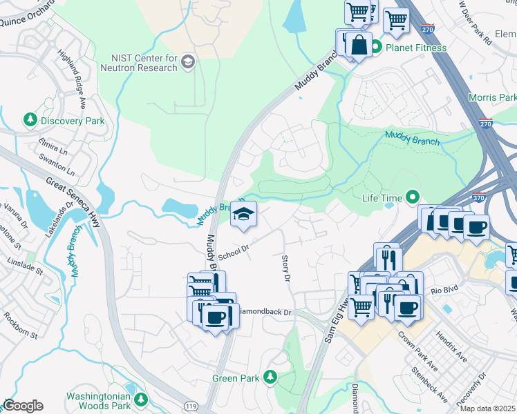 map of restaurants, bars, coffee shops, grocery stores, and more near 21 School Drive in Gaithersburg