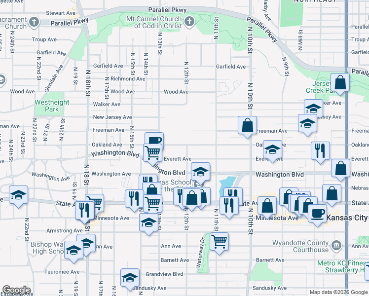 map of restaurants, bars, coffee shops, grocery stores, and more near 1201 Oakland Avenue in Kansas City