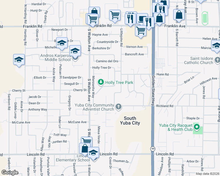 map of restaurants, bars, coffee shops, grocery stores, and more near 484 Parkview Avenue in Yuba City