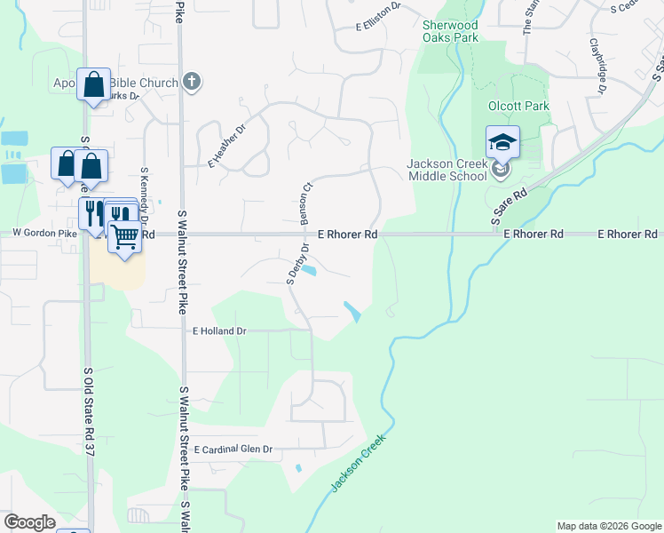 map of restaurants, bars, coffee shops, grocery stores, and more near 1150 East Secretariat Court in Bloomington