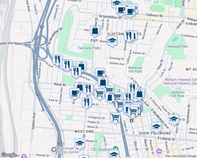 map of restaurants, bars, coffee shops, grocery stores, and more near in Cincinnati