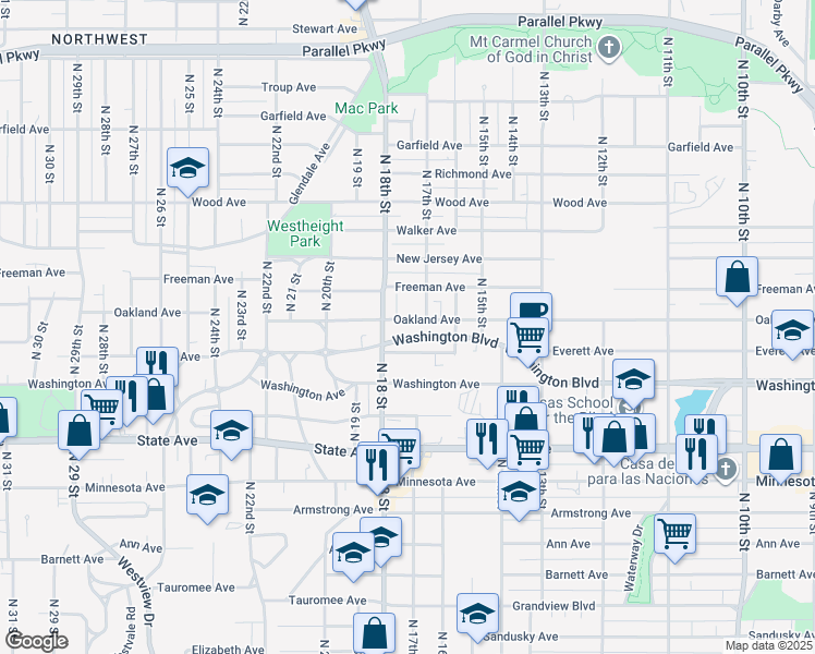 map of restaurants, bars, coffee shops, grocery stores, and more near 1616 Washington Boulevard in Kansas City