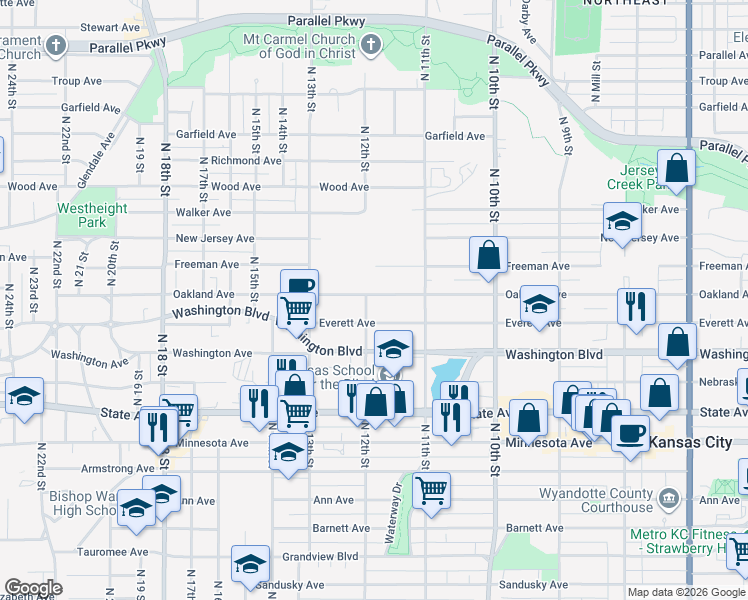 map of restaurants, bars, coffee shops, grocery stores, and more near 1201 Oakland Avenue in Kansas City