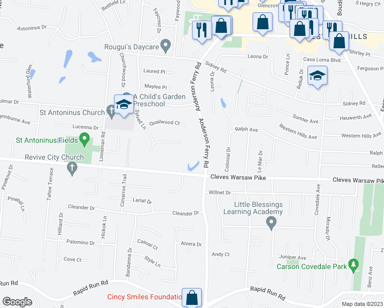 map of restaurants, bars, coffee shops, grocery stores, and more near 5336 Cleves Warsaw Pike in Cincinnati