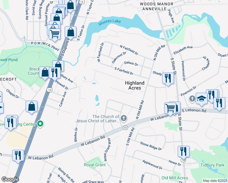 map of restaurants, bars, coffee shops, grocery stores, and more near 132 Philchris Drive in Dover