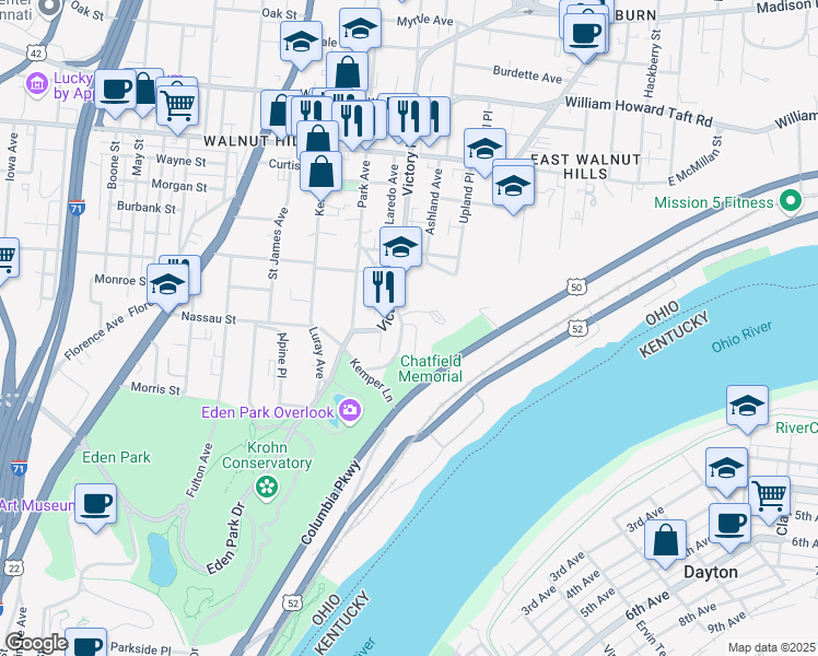 map of restaurants, bars, coffee shops, grocery stores, and more near 1201 Edgecliff Road in Cincinnati