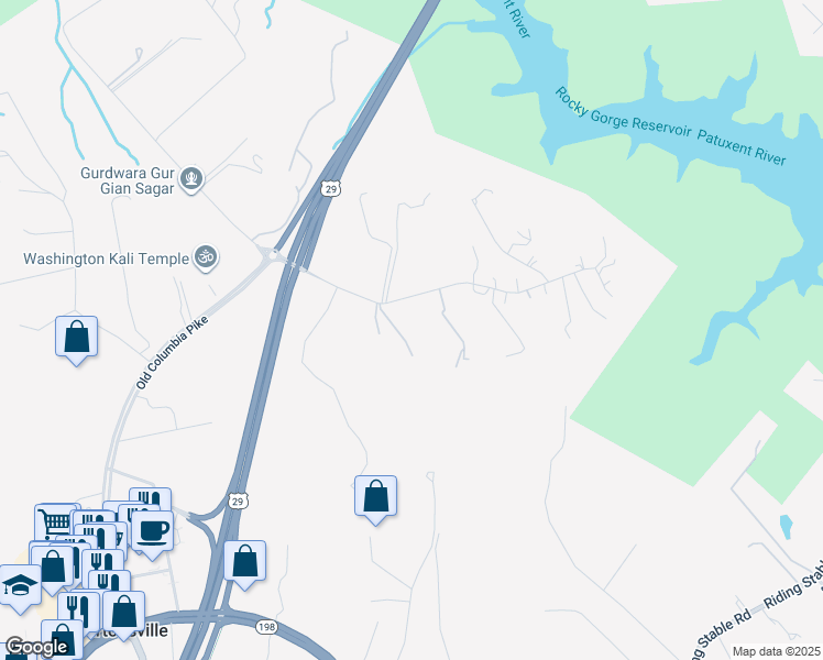 map of restaurants, bars, coffee shops, grocery stores, and more near 4301 Dustin Road in Burtonsville