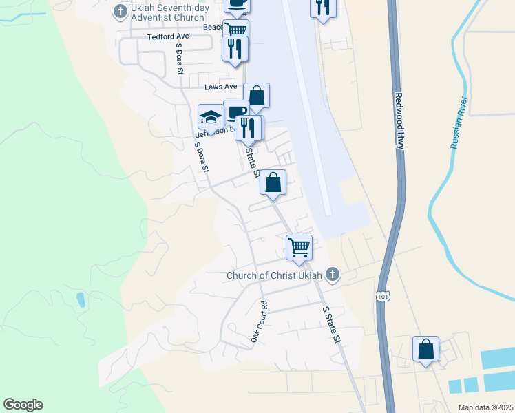 map of restaurants, bars, coffee shops, grocery stores, and more near 2200 South State Street in Ukiah