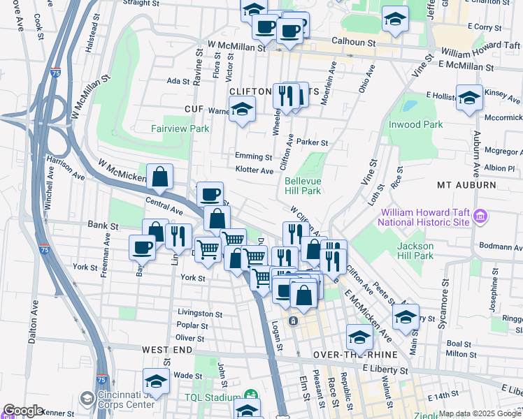 map of restaurants, bars, coffee shops, grocery stores, and more near 228 Mohawk Street in Cincinnati