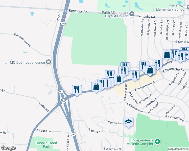 map of restaurants, bars, coffee shops, grocery stores, and more near 2703 Concord Circle in Independence