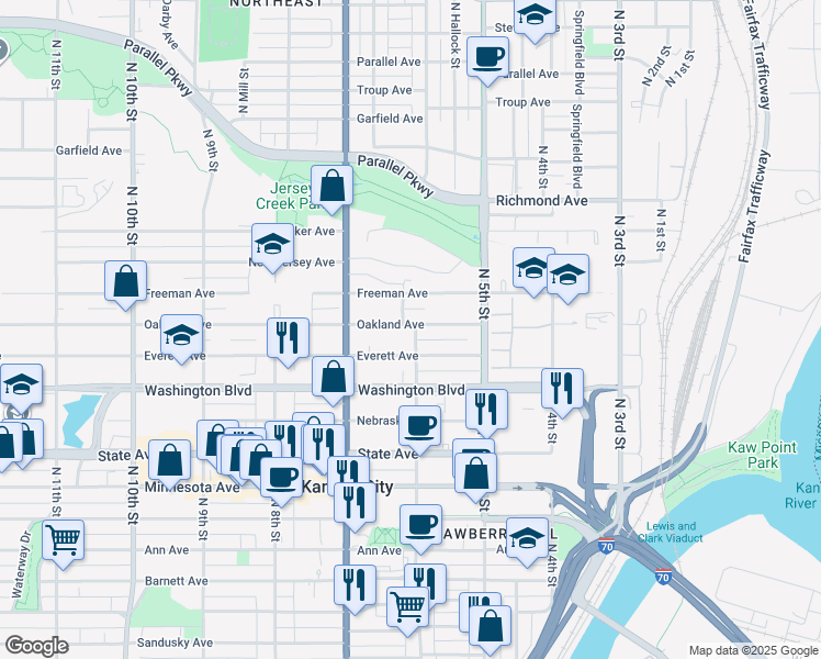 map of restaurants, bars, coffee shops, grocery stores, and more near 1412 North 6th Street in Kansas City