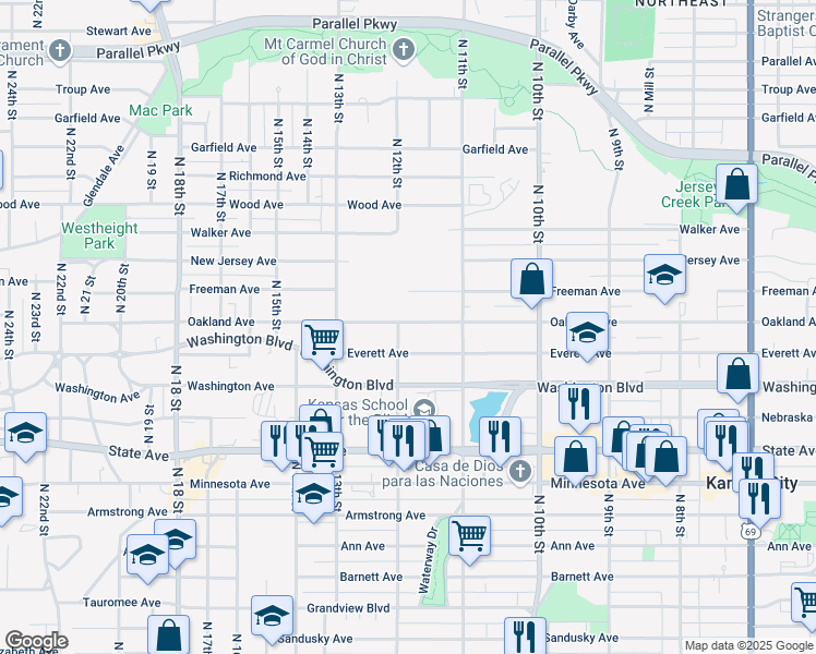 map of restaurants, bars, coffee shops, grocery stores, and more near 1201 Oakland Avenue in Kansas City