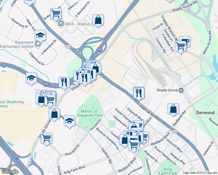 map of restaurants, bars, coffee shops, grocery stores, and more near 16144 Frederick Road in Rockville