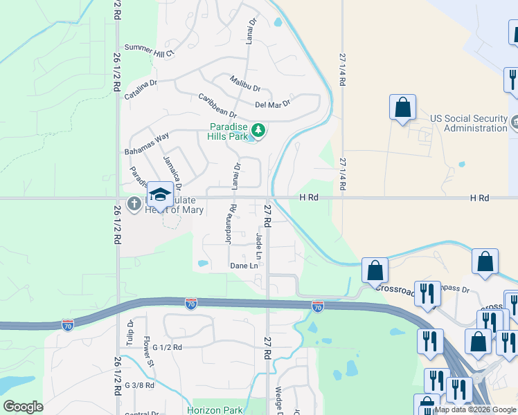 map of restaurants, bars, coffee shops, grocery stores, and more near 791 1/2 Josilyn Court in Grand Junction