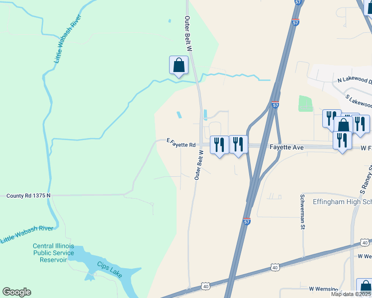map of restaurants, bars, coffee shops, grocery stores, and more near 304 Granada Drive in Effingham