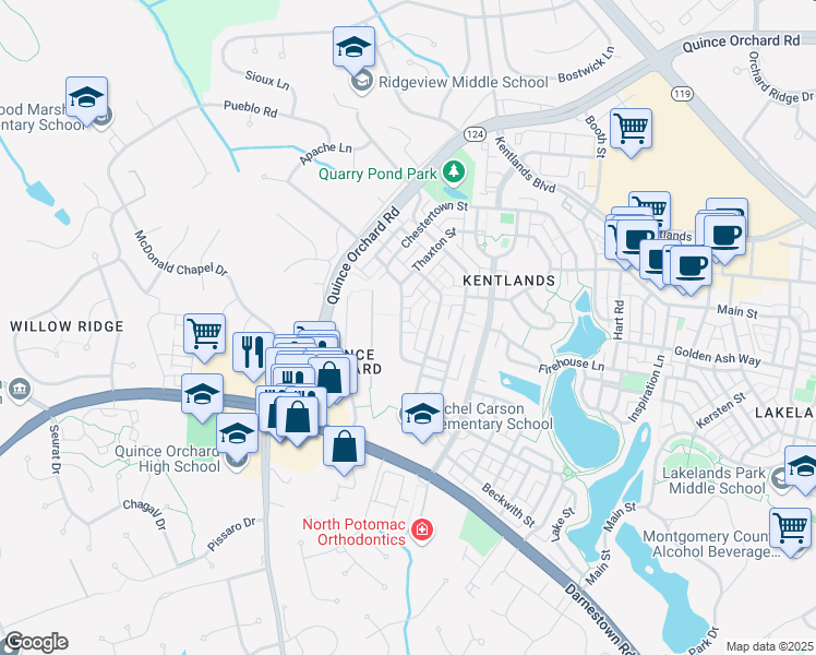 map of restaurants, bars, coffee shops, grocery stores, and more near 219 Chestertown Street in Gaithersburg