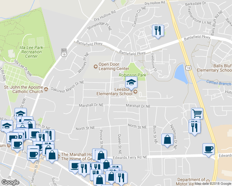 map of restaurants, bars, coffee shops, grocery stores, and more near 315 Waterfield Terrace Northeast in Leesburg