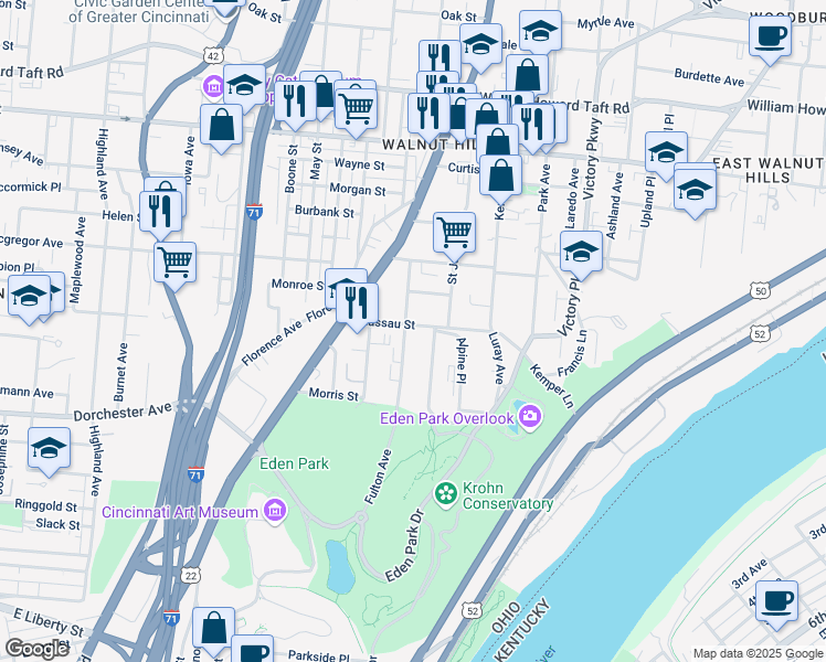 map of restaurants, bars, coffee shops, grocery stores, and more near 2151 Fulton Avenue in Cincinnati