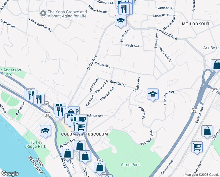 map of restaurants, bars, coffee shops, grocery stores, and more near 552 Missouri Avenue in Cincinnati