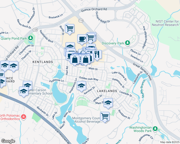 map of restaurants, bars, coffee shops, grocery stores, and more near 505 Main Street in Gaithersburg