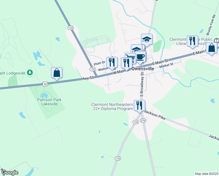 map of restaurants, bars, coffee shops, grocery stores, and more near 371 Main Street in Owensville