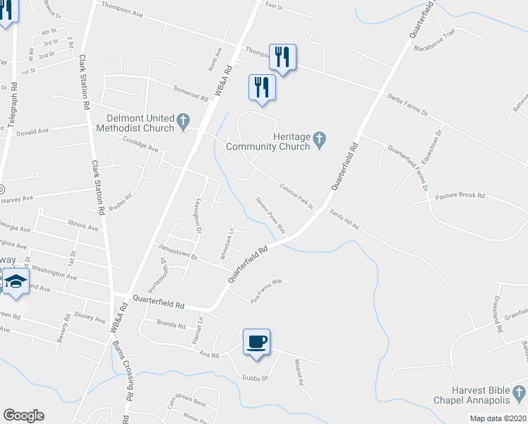 map of restaurants, bars, coffee shops, grocery stores, and more near 1103 Severn Pines Way in Severn